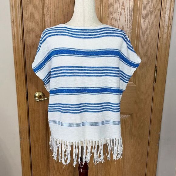 Lauren Jeans Co Ralph Lauren Linen Cotton Fringe Knit Top Blue White Striped L Y - Picture 3 of 5